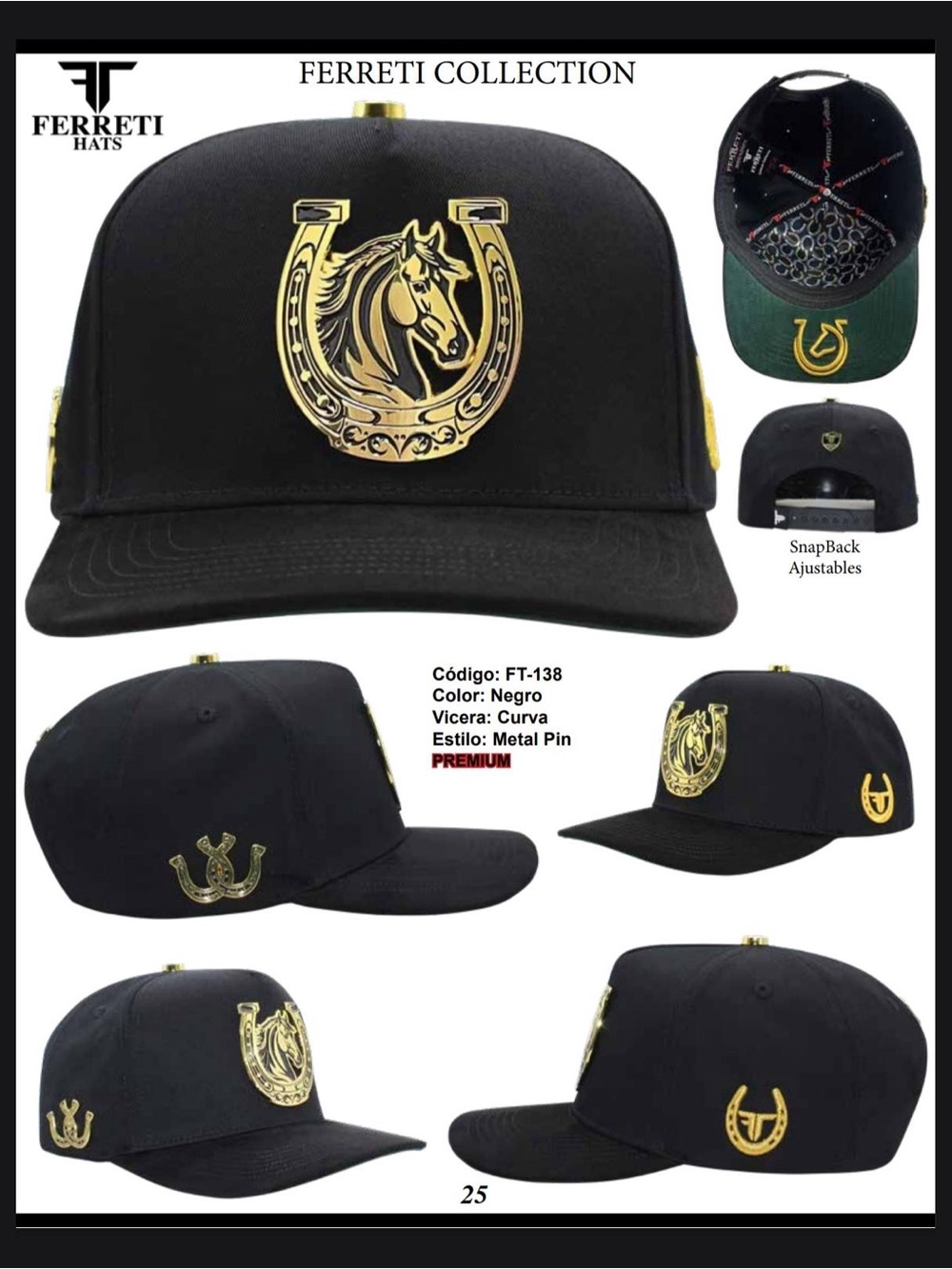 Men’s Black Snapback Hat with Gold Horse Emblem